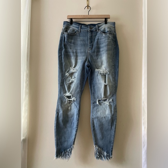 Judy Blue Denim - Judy Blue High Rise Distressed Skinny Jeans Raw Frayed Hem Medium Wash Size 14W